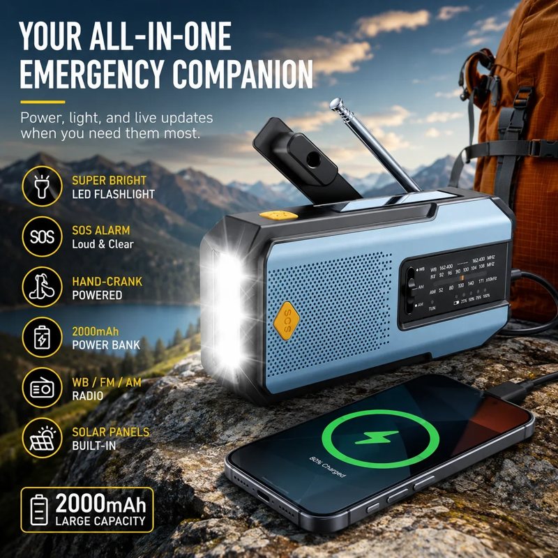 Radio d'urgence solaire à manivelle, lampe et batterie